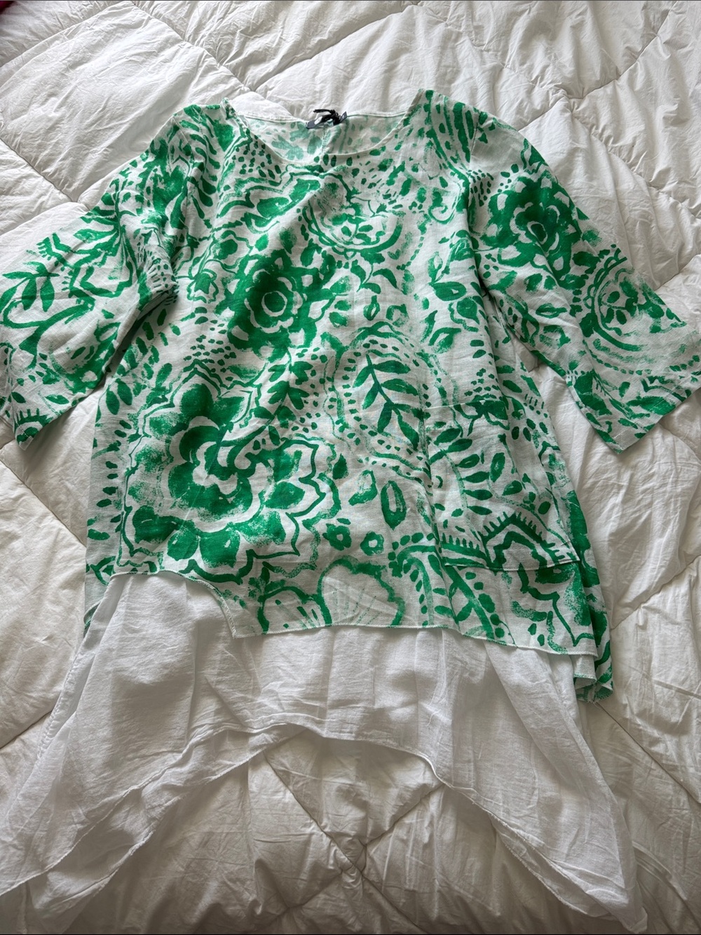 M Green & White Floral Linen Tunic Top